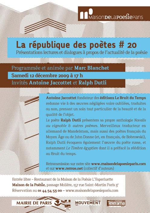 La république des poètes avec Ralph Dutli - à la Maison de la Poésie